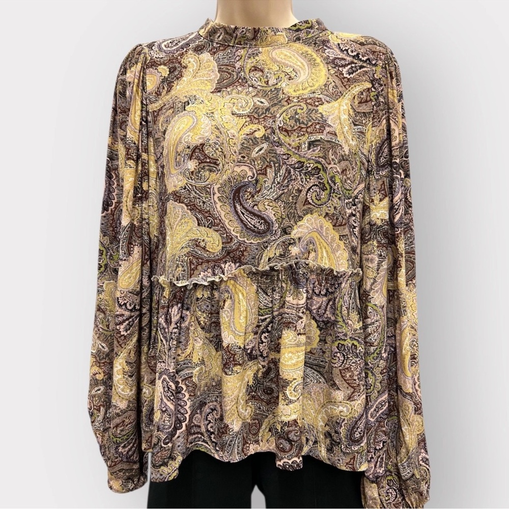 Sanctuary Blouse Women Small Purple Cream Paisley Ruffle Office Brunch